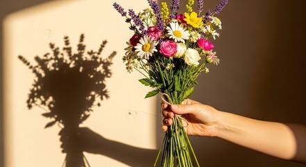 Hand Holding a Colorful Bouquet with Shadow Cast on a Beige Wall