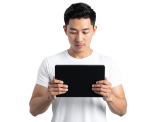  Young East Asian Man Holding Tablet, Front View, isolated transparent background PNG
