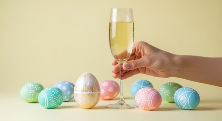 Hand holding champagne flute with Easter eggs on yellow backgrou