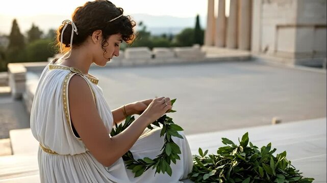 Woman in ancient greek attire creating a laurel wreath on historic ruins for historical concept footage