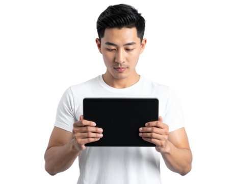 Young East Asian Man Holding Tablet, Front View, isolated transparent background PNG