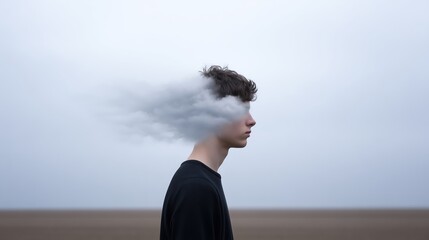 Young man with clouds emerging from his head stands in a vast open field, creating a surreal atmosphere that symbolizes thoughts and emotions in a dreamlike landscape