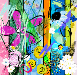 abstract background composition with flowers, with paint strokes, splashes and geometric lines