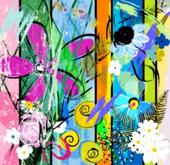 Fotobehang Abstract met Penseelstreken abstract background composition with flowers, with paint strokes, splashes and geometric lines  © Kirsten Hinte