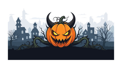 Spooky Halloween Pumpkin Carving: A menacing pumpkin with glowing eyes and ominous horns, against a backdrop of a creepy silhouette of a haunted town, embodying the spirit of Halloween.