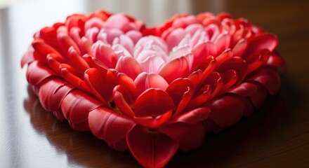 Heart-shaped arrangement of red and pink tulip petals on a woode