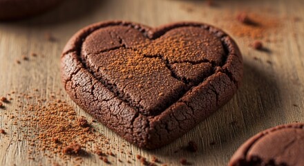 Heart-shaped chocolate cookie dusted with cocoa powder on a rust