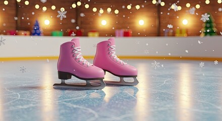 A playful 3D ice skating scene with ice skates, rink, and snowflakes, glowing with smooth lighting and reflections 