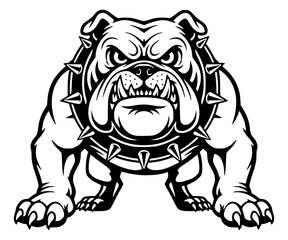 Aggressive Bulldog Mascot with Spiked Collar Standing and Snarling, bulldog, aggressive, mascot, dog, angry