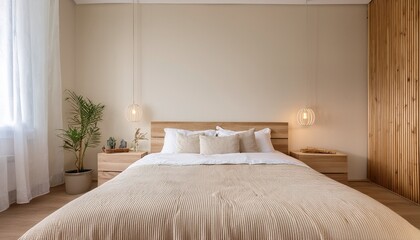 a modern scandinavian bedroom interior design the room is painted in light beige colour there is a wooden bed with white bedding