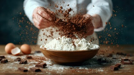 A talented chef expertly prepares chocolate with flour and eggs, capturing the essence of baking and creativity in a kitchen filled with delightful chaos and delicious potential.