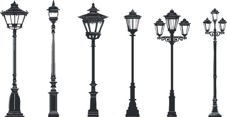 A collection of vintage street lamp silhouettes showcasing various elegant designs and styles..