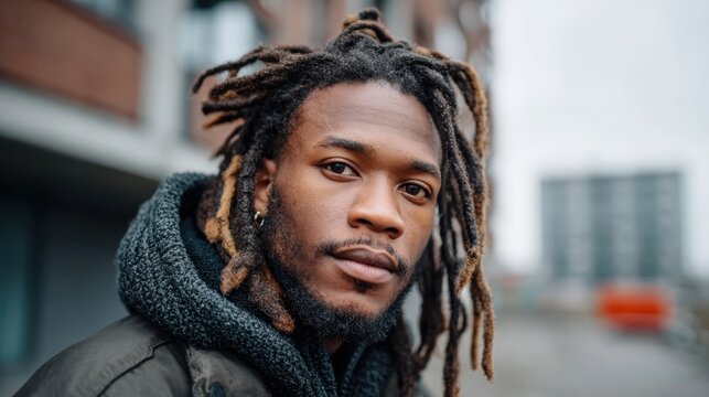 A thoughtful young man with natural dreadlocks poses against an urban backdrop, reflecting introspection and confidence amidst the modern cityscape, embodying a blend of style and attitude.
