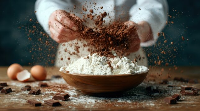 A talented chef expertly prepares chocolate with flour and eggs, capturing the essence of baking and creativity in a kitchen filled with delightful chaos and delicious potential.