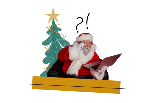 Composite trend artwork sketch image photo collage of new year christmas holiday aged man santa claus shocked face watch laptop eve tree