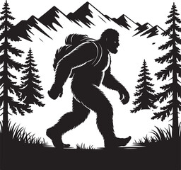 Fototapeta premium Bigfoot Silhouette Walking in Forest Cryptid Vector Illustration.