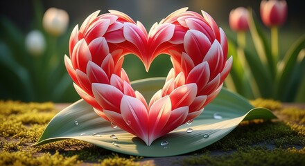 Heart-Shaped Tulip Blossom with Dewdrops on Leaf, Soft Focus Bac