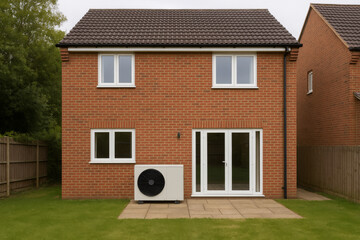 UK detached brick house with air source heat pump