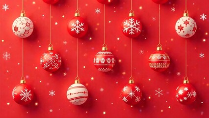 Red Christmas ornaments with intricate designs hanging against a vibrant red background, creating a festive atmosphere for holiday celebrations and seasonal decorations