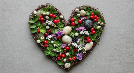 Heart-Shaped Wreath of Berries, Flowers, and Stones on Textured
