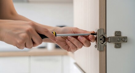Close-up of a woman’s hands tightening a cabinet hinge with a screwdriver