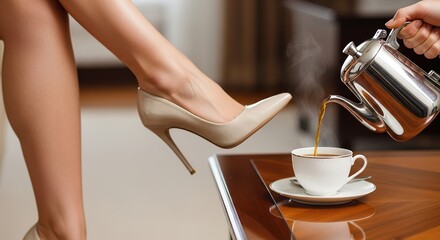 High Heel and Hot Coffee: A Moment of Luxury and Relaxation
