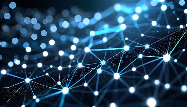 Abstract digital network with glowing blue dots and connecting lines on a dark background, representing technology and data flow.