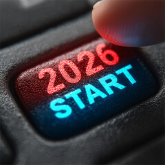 An illustration of a futuristic button with the words "START-2026" glowing in bright blue and red, with a finger pressing it. The interface features a high-tech style, bright lighting, crisp textures,