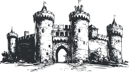 A detailed illustration of a medieval castle with towers and a large entrance gate..