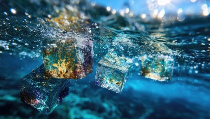 Jewel-toned cubes float underwater; sunlit bokeh above
