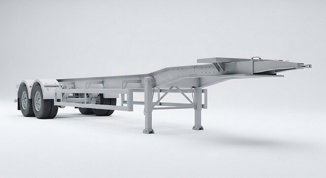Heavy duty trailer chassis for container transport isolated on a plain backdrop for industrial logistics applications
