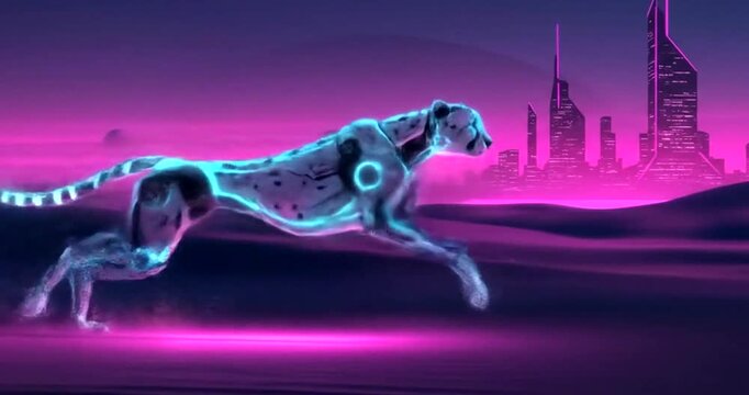 Futuristic robotic cheetah running in neon cityscape