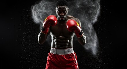 Muscular African American boxer in red gloves and shorts posing with dust particles on a dark background