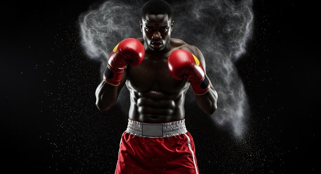 Muscular African American boxer in red gloves and shorts posing with dust particles on a dark background - Powered by Adobe