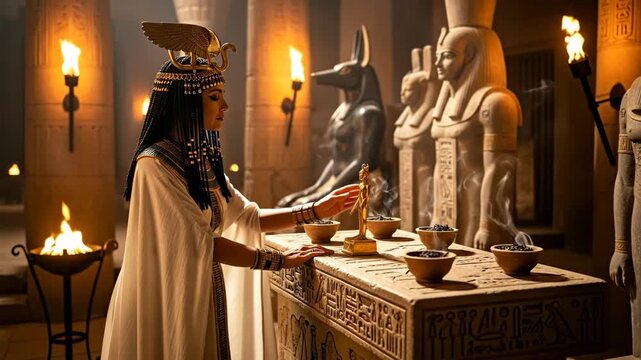 Woman in ancient Egyptian temple performs ritual with small golden statue and burning incense, historical reenactment footage.