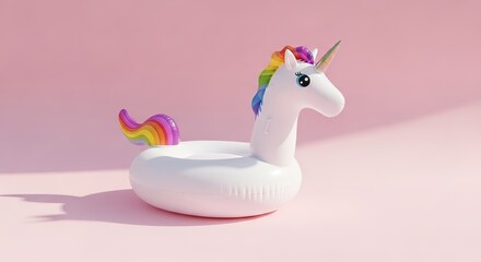 Inflatable unicorn pool float with rainbow mane and tail on pink