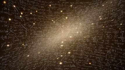 Abstract illustration depicting a swirling galaxy of mathematical equations and symbols, showcasing the beauty of science and mathematics in a cosmic environment filled with stars and light