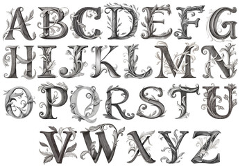 A collection of ornate letters arranged in a decorative style showcases the English alphabet. Each letter exhibits intricate details and floral elements, set on a light background for visual appeal.