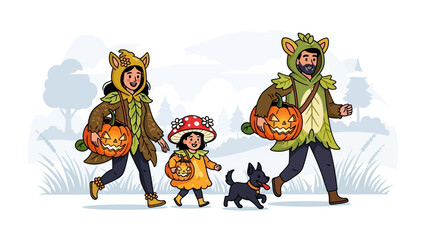 Halloween Family Fun: A family, dressed in charming nature-themed costumes, strolls with a dog through the festive autumn air.
