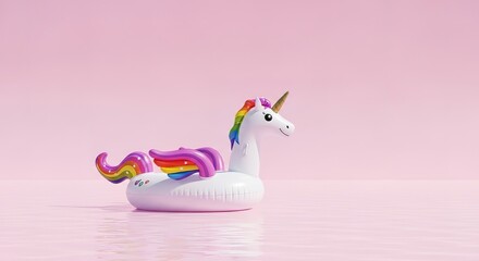 Inflatable unicorn pool float with rainbow mane and tail on pink