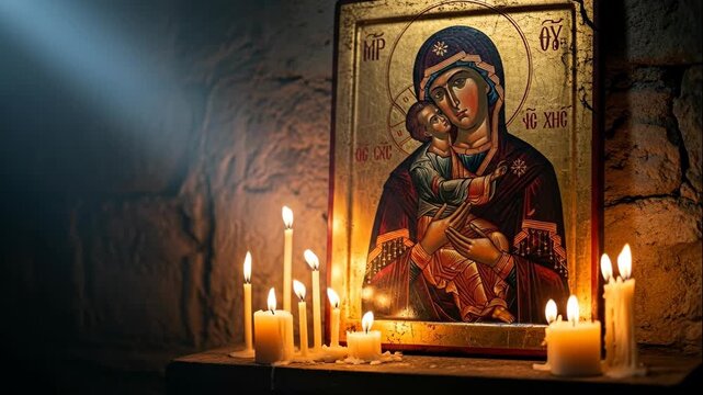 Orthodox icon of a woman holding a child with lit candles and mystical light in an old stone church, religious spirituality.
