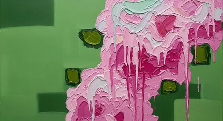 Impasto Rose Bloom with Geometric Green Background, Thick Paint