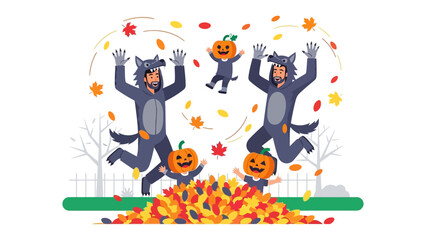 Autumn Joy: A Family's Festive Leap Amidst Leaves: Capture the warmth of the season with a family joyfully celebrating autumn by playfully jumping amidst a pile of vibrant fallen leaves.