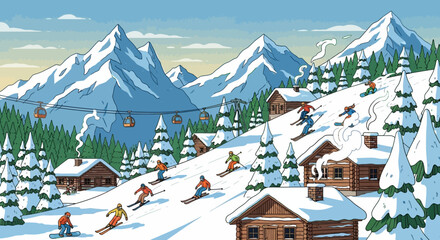 An illustration of a bustling ski resort village with people skiing and snowboarding down a snowy mountain slope.
