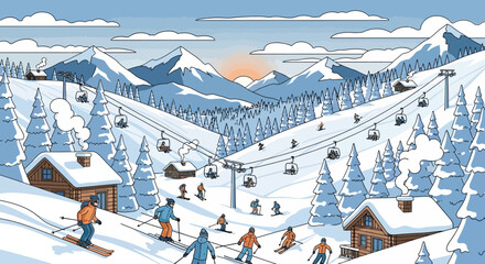 Winter ski resort scene with skiers, chairlifts, snow-covered trees, and mountain peaks under a sunny sky.