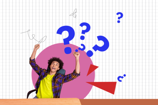 Composite trend artwork sketch image collage of young guy student sit shout questions symbol around solution process colorful challenge