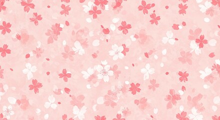 A repeat pattern of delicate cherry blossoms and petals, scattered and sparse, watercolor effect, ethereal and soft, on a pale pink background 