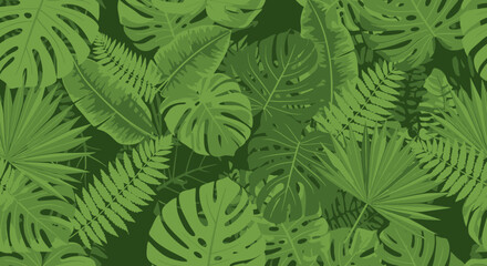 A lush, seamless pattern of various green tropical leaves, including monstera, palm, and fern, creating a dense jungle background.