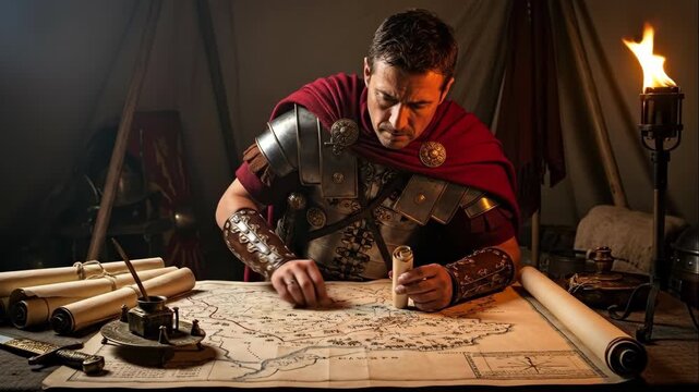 Roman centurion analyzing ancient map and planning strategy for battle by torchlight, historical documentary footage.