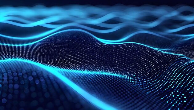 Abstract digital wave pattern with glowing blue lines and a dark background, resembling data. - Powered by Adobe